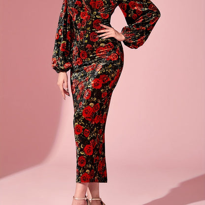 vlovelaw  Floral Print Surplice Neck Dress, Elegant Lantern Sleeve Bodycon Dress, Women's Clothing