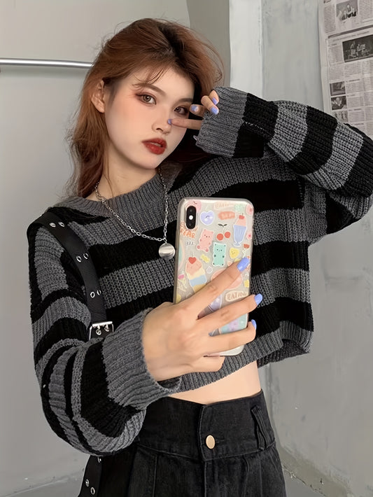 vlovelaw  Striped Crew Neck Pullover Sweater, Casual Long Sleeve Loose Crop Sweater, Women's Clothing