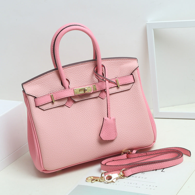 VLOVELAW 2025 Contrast color leather platinum bag lychee pattern first layer cowhide large capacity handbag fashion color matching shoulder messenger bag women