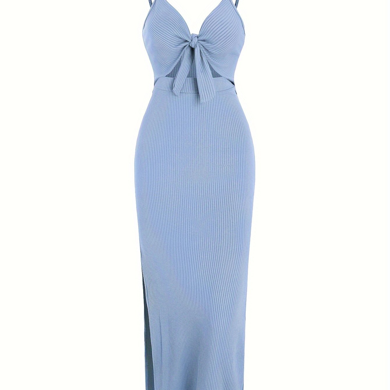 vlovelaw Sexy Spaghetti Strap Ribbed Knot Cutout Side Split Maxi Dress, Solid Body-Con Dress For Spring & Fall, Women's Clothing