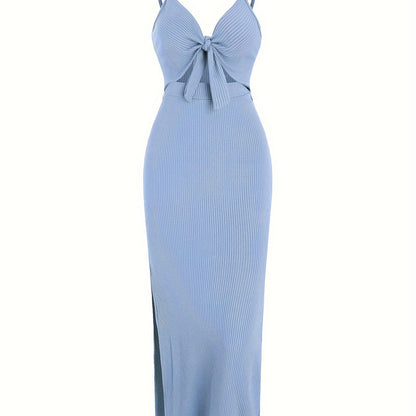 vlovelaw Sexy Spaghetti Strap Ribbed Knot Cutout Side Split Maxi Dress, Solid Body-Con Dress For Spring & Fall, Women's Clothing