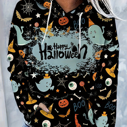 Halloween Ghost Graphic Sports Hooded Sweatshirts, Pumpkin Print Casual Drawstring Hoodies With Front Pocket, Women's Sporty Sweatshirts