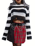 vlovelaw  Striped Crew Neck Ripped Sweater, Gothic Long Sleeve Crop Sweater For Spring & Fall, Women's Clothing