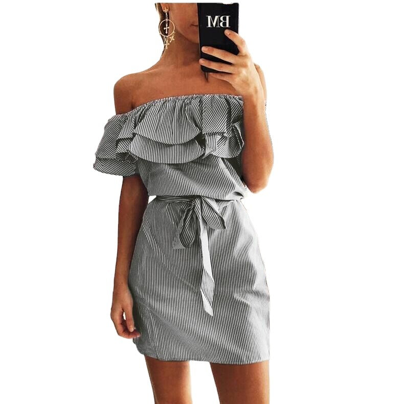 VLOVELAW In Stock European and American Foreign Trade Women's Clothing  Wish Summer Ruffle Sleeve Striped off-Shoulder off-Shoulder Collar Dress