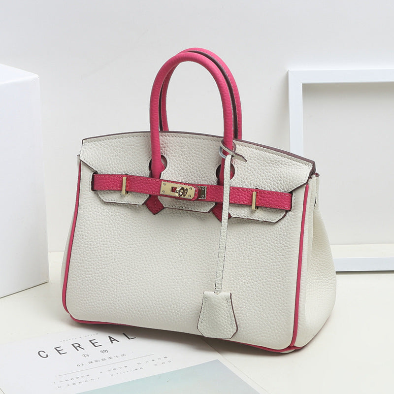 VLOVELAW 2025 Contrast color leather platinum bag lychee pattern first layer cowhide large capacity handbag fashion color matching shoulder messenger bag women