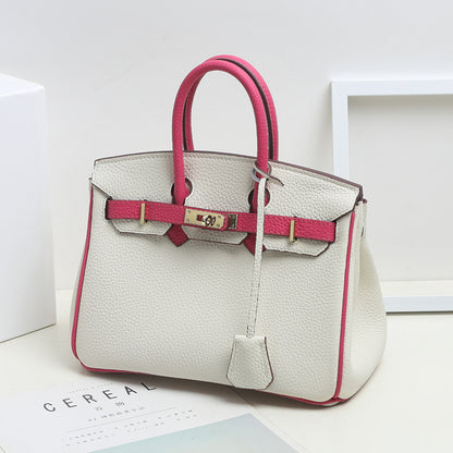VLOVELAW 2025 Contrast color leather platinum bag lychee pattern first layer cowhide large capacity handbag fashion color matching shoulder messenger bag women