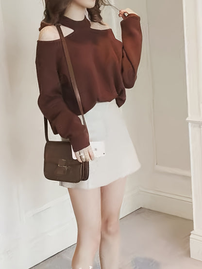 vlovelaw  Solid Mock Neck Pullover Sweater, Casual Cold Shoulder Long Sleeve Loose Sweater, Women's Clothing