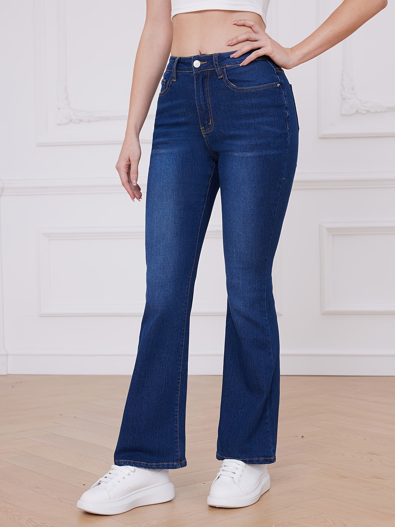 vlovelaw  Blue High Stretch Flare Jeans, Slant Pockets Water Ripple Embossed Casual Bell Bottom Jeans, Women's Denim Jeans & Clothing