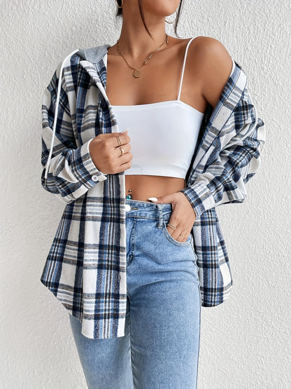 vlovelaw  Button Plaid Hoodie Drawstring Jacket, Casual Long Sleeve Jacket For Fall & Winter, Women's Clothing