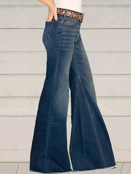 Plus Size Casual Jeans, Women's Plus Washed Button Fly High Stretch High Rise Flared Leg Jeans