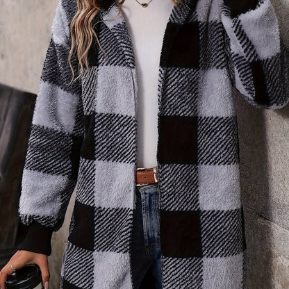 vlovelaw Plaid Print Hooded Teddy Coat, Casual Open Front Thermal Outerwear, Women's Clothing