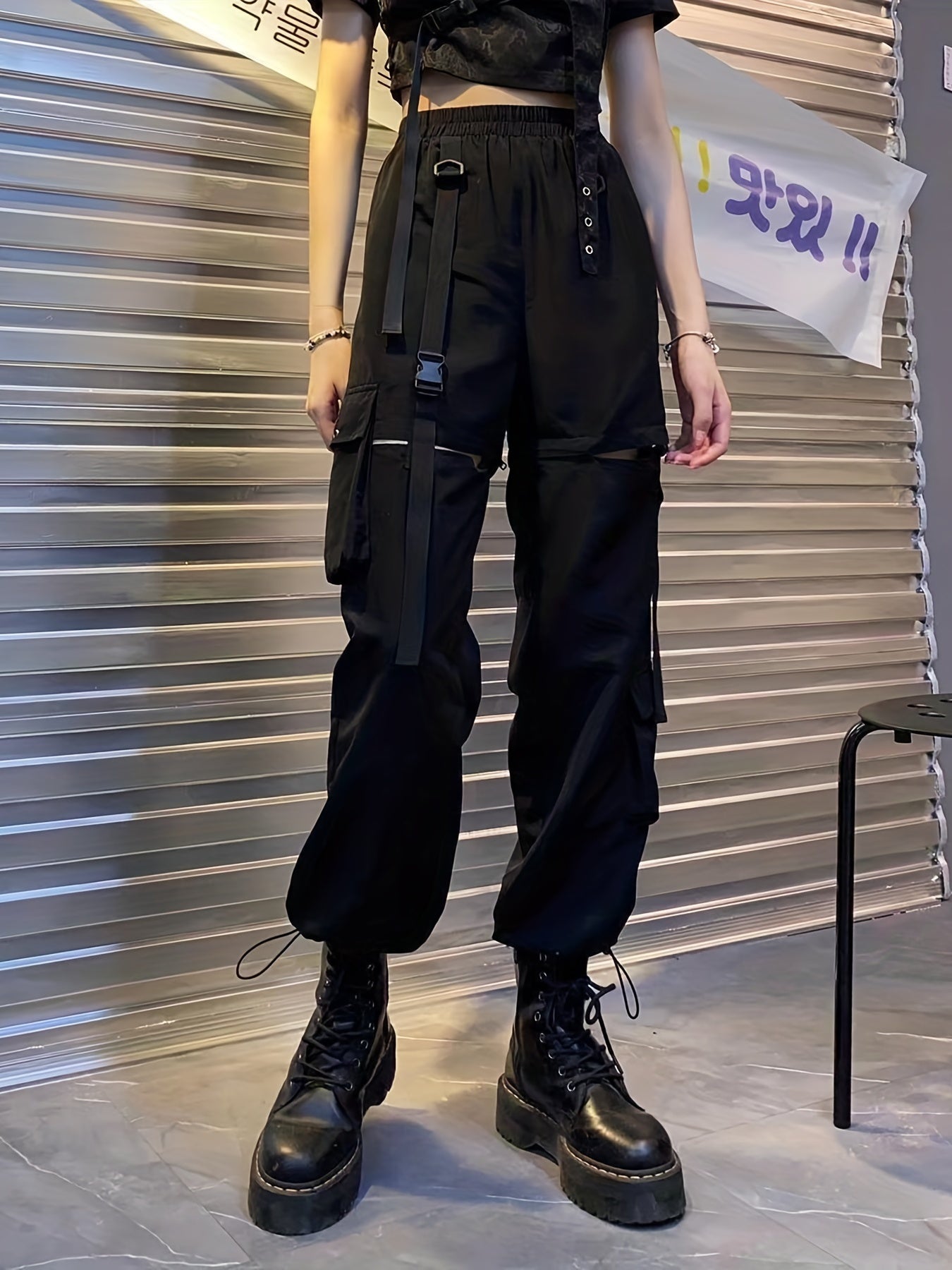 vlovelaw  Cutout Pocket Belted Cargo Pants, Casual Pants For Fall & Spring, Women's Clothing