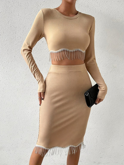vlovelaw  Tassel Bodycon Two-piece Set, Crew Neck Long Sleeve Cropped Tops & Bag Hip Midi Skirts Outfits, Women's Clothing