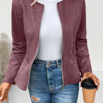 vlovelaw Solid Zip Up Jacket, Casual Long Sleeve Crew Neck Outerwear For Spring & Fall, Women's Clothing
