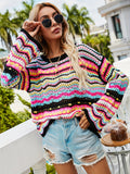 vlovelaw  Hollow Striped Knit Sweater, Casual Crew Neck Long Sleeve Sweater, Women's Clothing