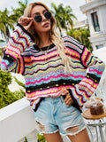 vlovelaw Hollow Striped Knit Sweater, Casual Crew Neck Long Sleeve Sweater, Women's Clothing