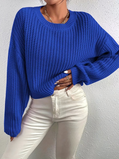 vlovelaw  Crew Neck Rib Knit Sweater, Casual Drop Shoulder Oversized Long Sleeve Loose Fall Winter Knit Sweater, Women's Clothing