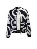 Abstract Print Zip Up Bomber Jacket, Casual Long Sleeve Outerwear, Women's Clothing