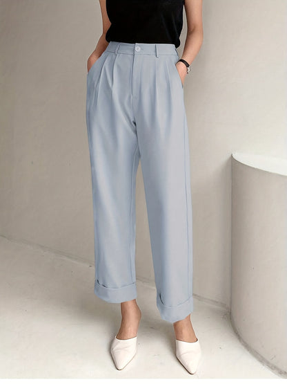 Solid Button Straight Leg Pants, Casual High Waist Draped Pleated Pants, Women's Clothing