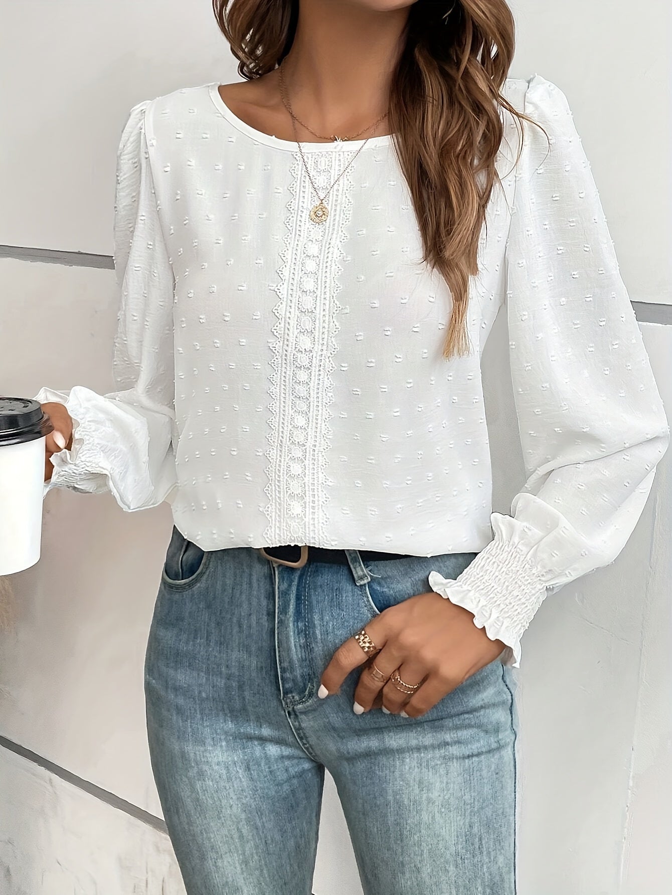 vlovelaw  Swiss Dot Crew Neck Blouse, Elegant Long Sleeve Blouse, Women's Clothing