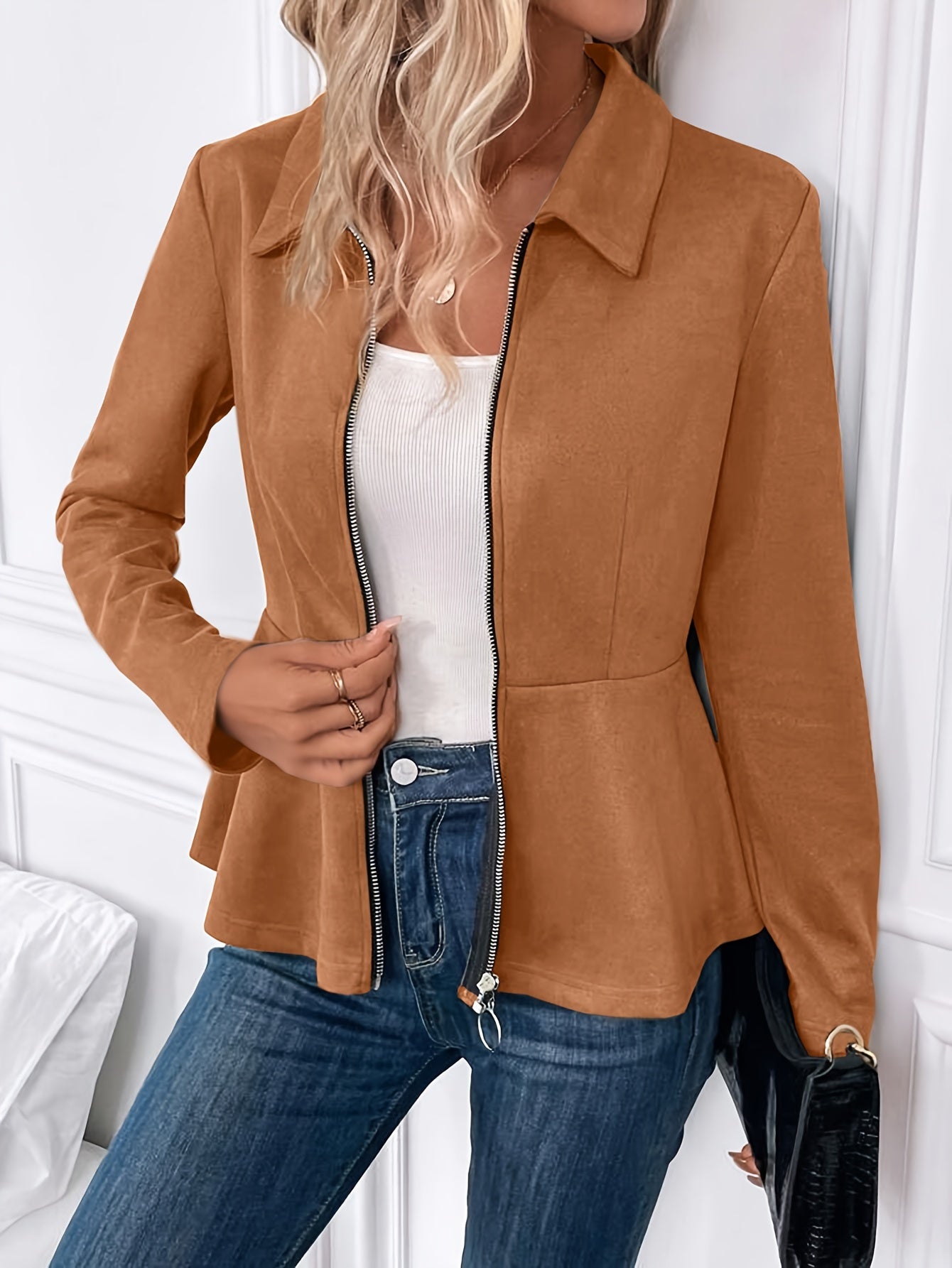Solid Ruffle Trim Zipper Jacket, Vintage Long Sleeve Outwear For Fall & Winter, Women's Clothing