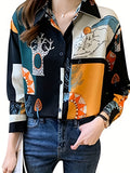 vlovelaw  Color Block Button Front Shirt, Elegant Turn Down Collar Long Sleeve Shirt, Women's Clothing
