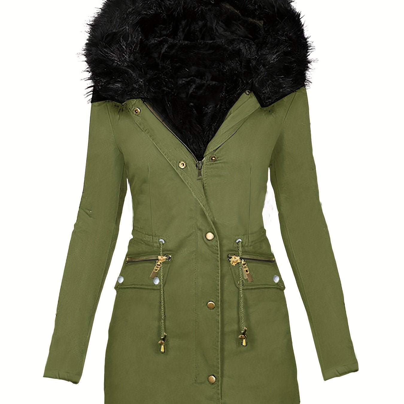 vlovelaw Faux Fur Hood Drawstring Parka Coat, Zip Up Button Front Pocket Thermal Overcoat, Women's Clothing