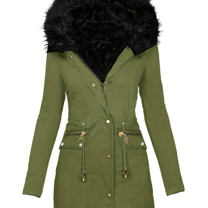 vlovelaw Faux Fur Hood Drawstring Parka Coat, Zip Up Button Front Pocket Thermal Overcoat, Women's Clothing