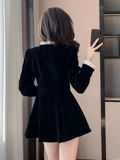 vlovelaw  Solid Button Front Waist Velvet Dress, Elegant Long Sleeve Frill Trim Dress, Women's Clothing