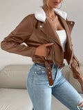 Zip Up PU Leather Jacket, Casual Long Sleeve Solid Outerwear, Women's Clothing