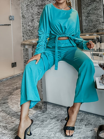 vlovelaw  Sexy Solid Pantsuits Two-piece Set, Round Neck Pleated Tops & Loose Wide Leg High-waisted Pants Set, Women's Clothing