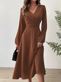 vlovelaw  Twist Front Lantern Sleeve Dress, Chic V Neck A-line Dress For Spring & Fall, Women's Clothing