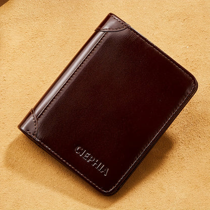 1pc Vintage-Style Top Grain Cowhide Leather Wallet - RFID Blocking, Slim Bifold, Multifunctional Trifold, 9 Card Slots, 2 Cash Compartments, Retro Wax Finish, Solid Color, Non-Braided Weaving, Perfect Gift for Him