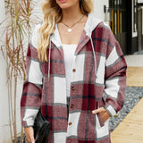 vlovelaw  Plaid Print Hooded Shirt, Casual Drawstring Long Sleeve Shirt, Women's Clothing
