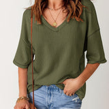 vlovelaw  Solid Elegant V Neck T-Shirt, Drop Shoulder Casual Top For Summer & Spring, Women's Clothing
