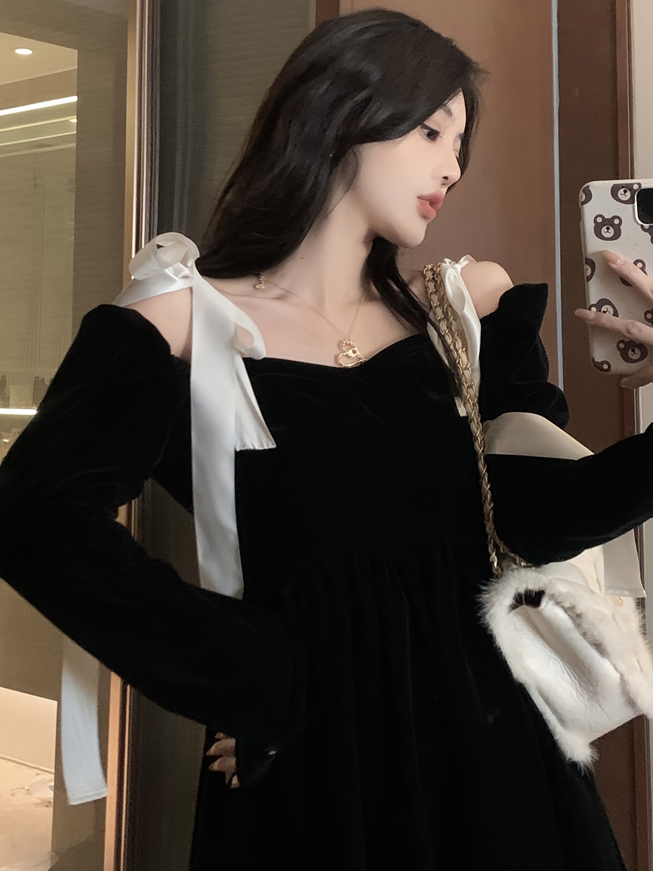 vlovelaw  Color Block Tie Shoulder Velvet Dress, Elegant Long Sleeve Party Dress, Women's Clothing