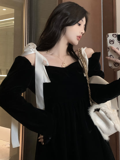 vlovelaw  Color Block Tie Shoulder Velvet Dress, Elegant Long Sleeve Party Dress, Women's Clothing