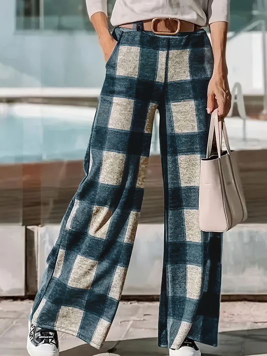 Plaid High Waist Wide Leg Pants, Casual Pants For Spring & Fall, Women's Clothing