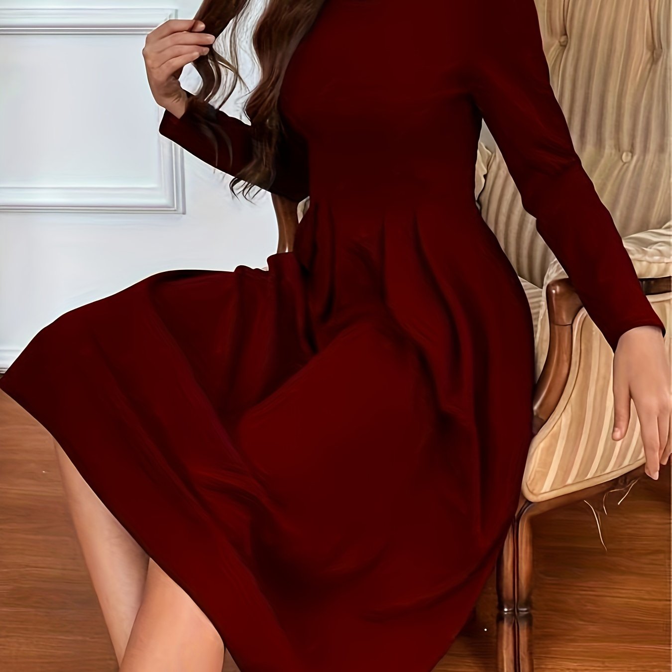 Solid Crew Neck Pleated Dress, Elegant Long Sleeve Swing Dress For Spring & Fall, Women's Clothing