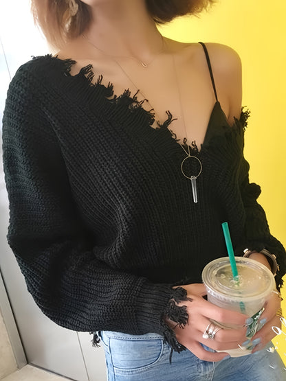 vlovelaw Solid Raw Hem V-neck Sweater, Casual Long Sleeve Loose Sweater, Women's Clothing