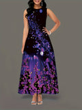Floral Print Tank Dress, Vintage Crew Neck Sleeveless Maxi Dress, Women's Clothing