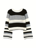 vlovelaw  Hollow Outer Striped Knit Sweater, Casual Crew Neck Long Sleeve Sweater, Women's Clothing