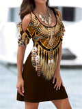 vlovelaw  Ethnic Print Cold Shoulder Dress, Vintage Crew Neck Short Sleeve Dress, Women's Clothing