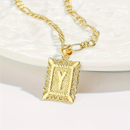18K Gold Plated Square Monogram Pendant Necklace - Fashionable Personalized Alphabet Letter A-Z Figaro Chain Necklace for Men and Women - Copper Material, No Magnetic, No Mosaic, Plating-Free, Stylish Jewelry for Any Occasion