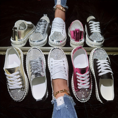 vlovelaw  Women's Rhinestone Flat Sneakers, Fashion Round Toe Lace Up Low Top Skate Shoes, All-Match Outdoor Trainers