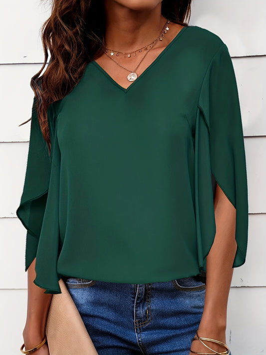 vlovelaw Solid V Neck T-Shirt, Casual Petal Sleeve T-Shirt For Spring & Summer, Women's Clothing