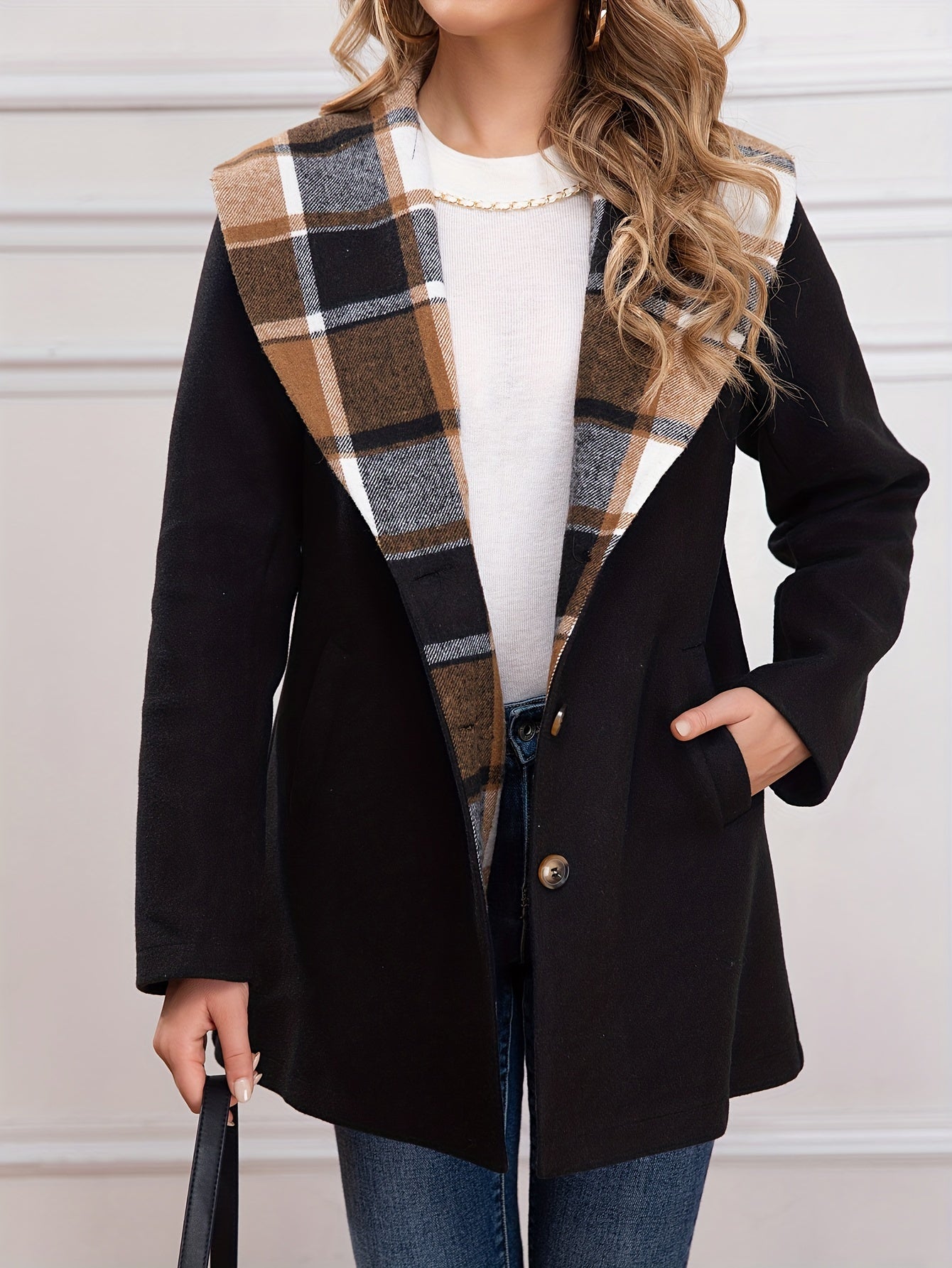 Plaid Print Splicing Coat, Casual Waterfall Collar Button Front Outerwear, Women's Clothing