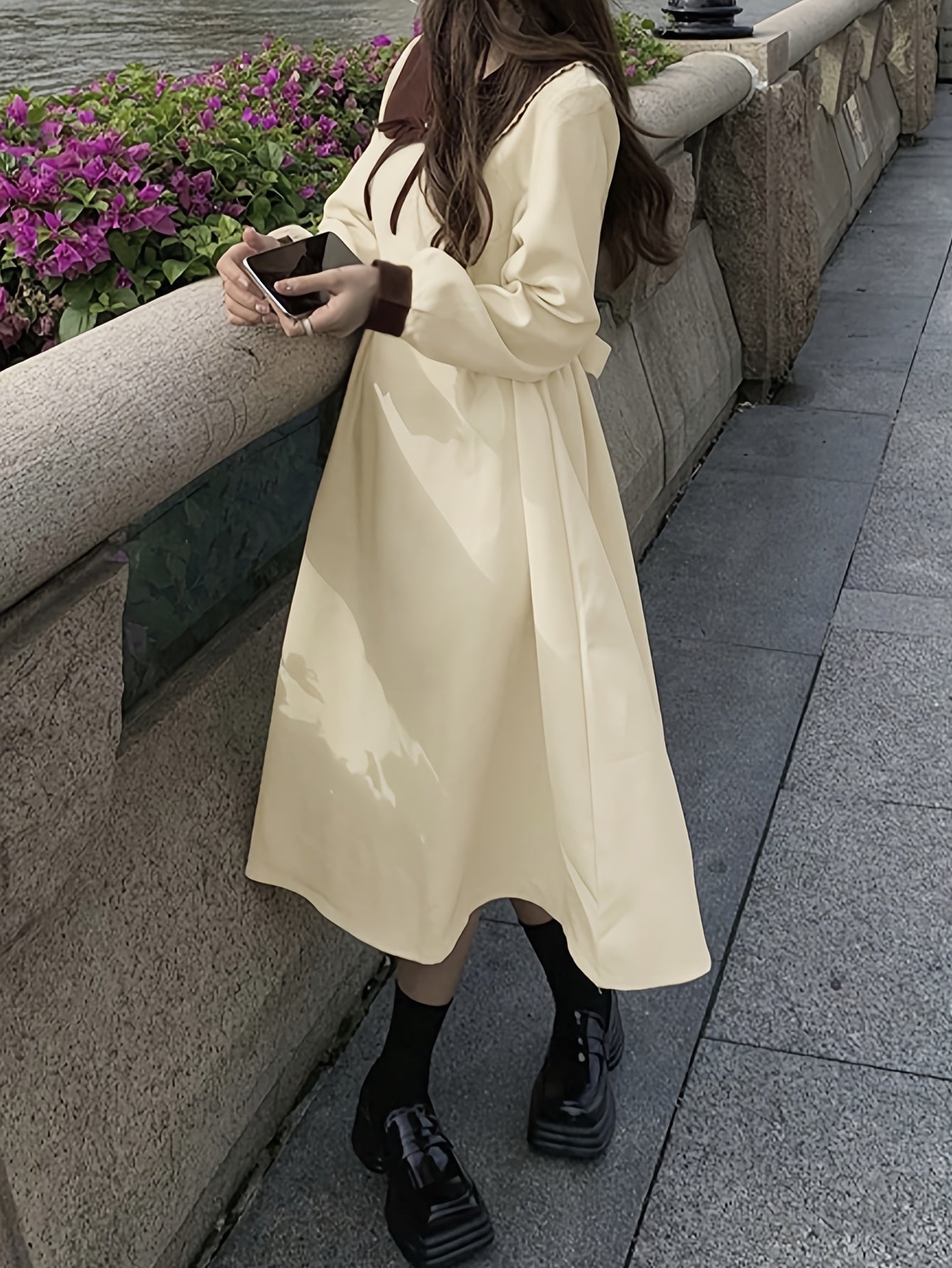 Contrast Trim Peter Pan Collar Dress, Elegant Long Sleeve Belted Dress For Spring & Fall, Women's Clothing