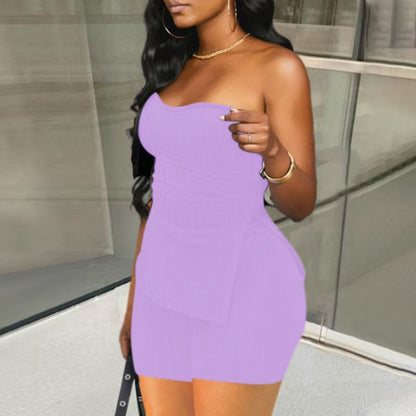 vlovelaw Solid Ribbed Two-piece Set, Slit Hem Sleeveless Tube Top & Flare Leg Pants Outfits, Women's Clothing