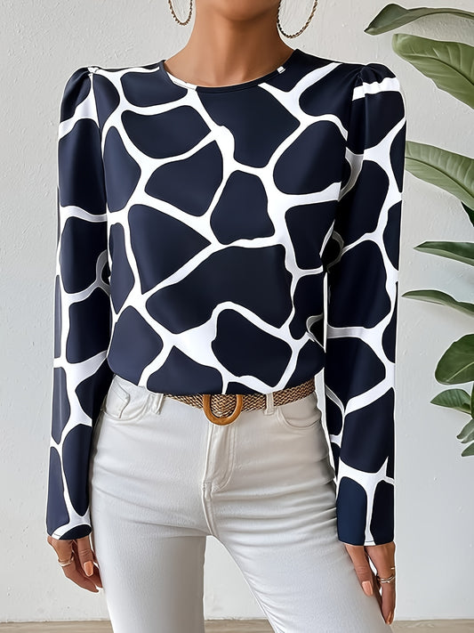 vlovelaw  Giraffe Print Blouse, Casual Crew Neck Long Sleeve Blouse, Women's Clothing